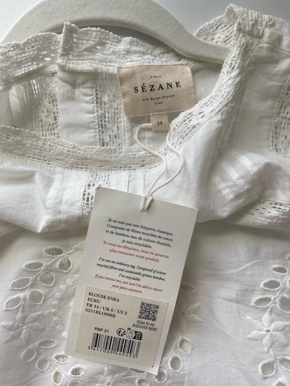 Sezane Enea Blouse Ecru - Size FR 24/US 2 White Cropped - Picture 8 of 14